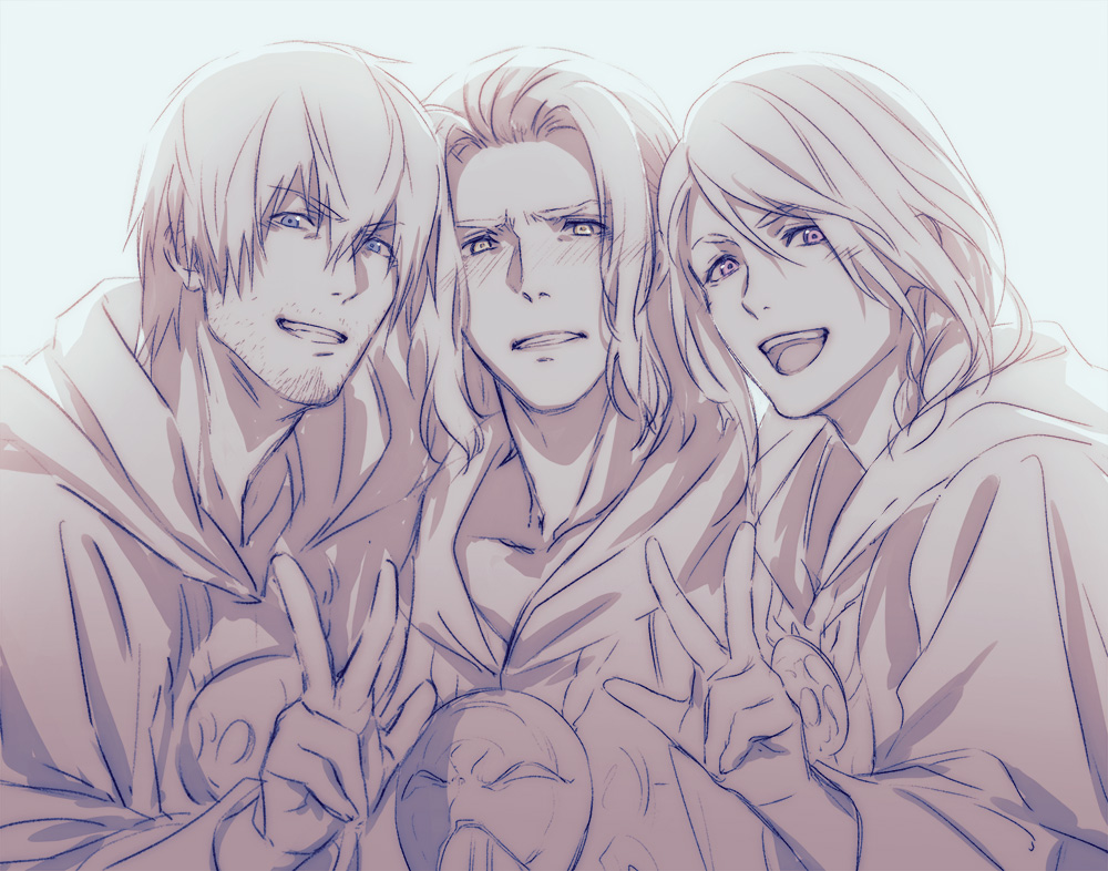 3boys, adventurer_(ff14), blush, braid, emet-selch, facial_hair, final_fantasy, final_fantasy_xiv