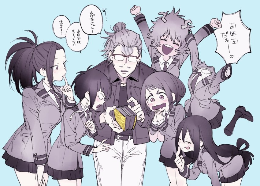 1boy, 6+girls, :>, ashido_mina, asui_tsuyu, belt, boku_no_hero_academia, casual
