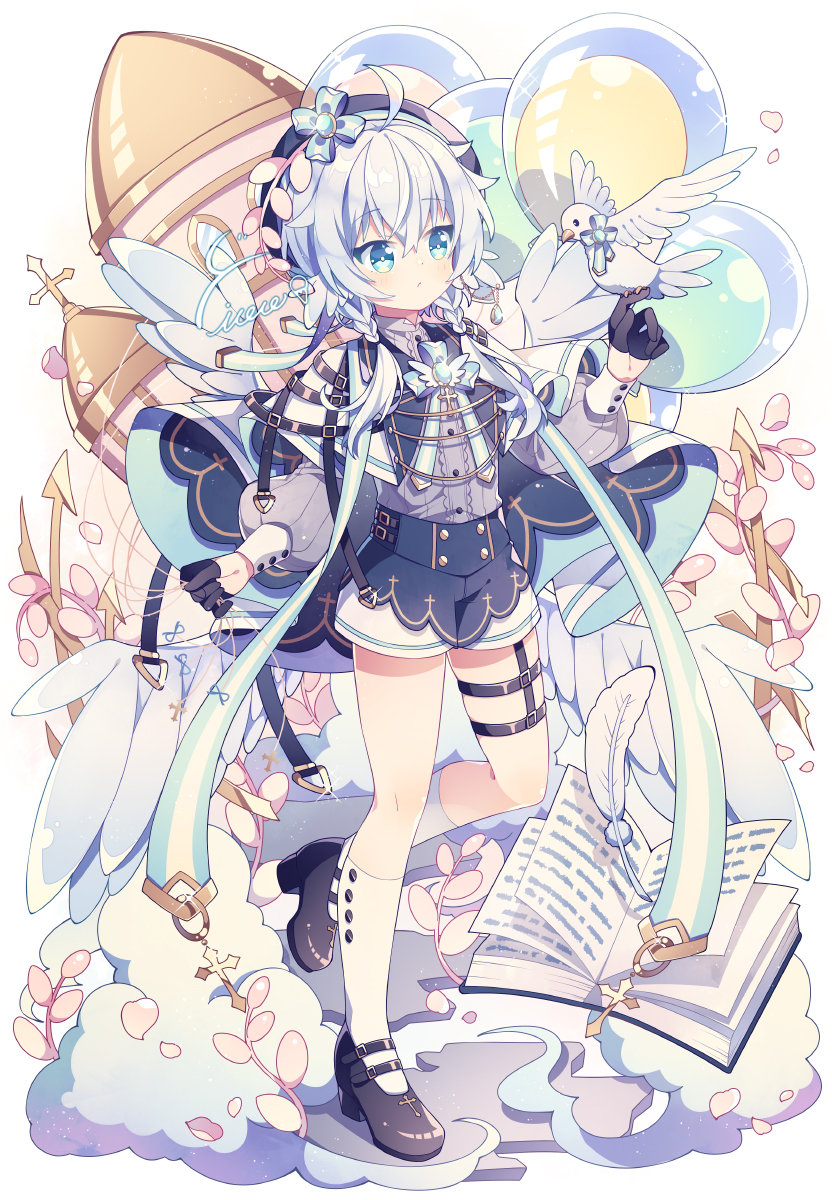 1boy, ahoge, angel_wings, balloon, beret, bird, black_shoes, blue_capelet