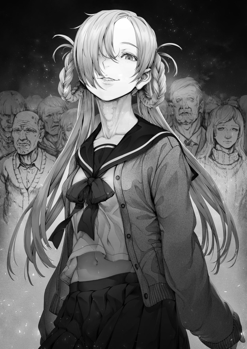 braid, greyscale, hair_rings, highres, liver_spots, looking_at_viewer, monochrome, multiple_boys