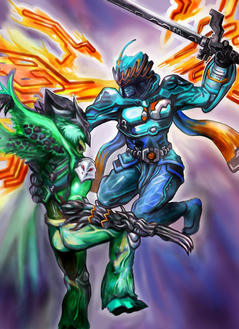 2boys, belt, bird_dopant, huujyu, kamen_rider, kamen_rider_w, monster, multiple_boys