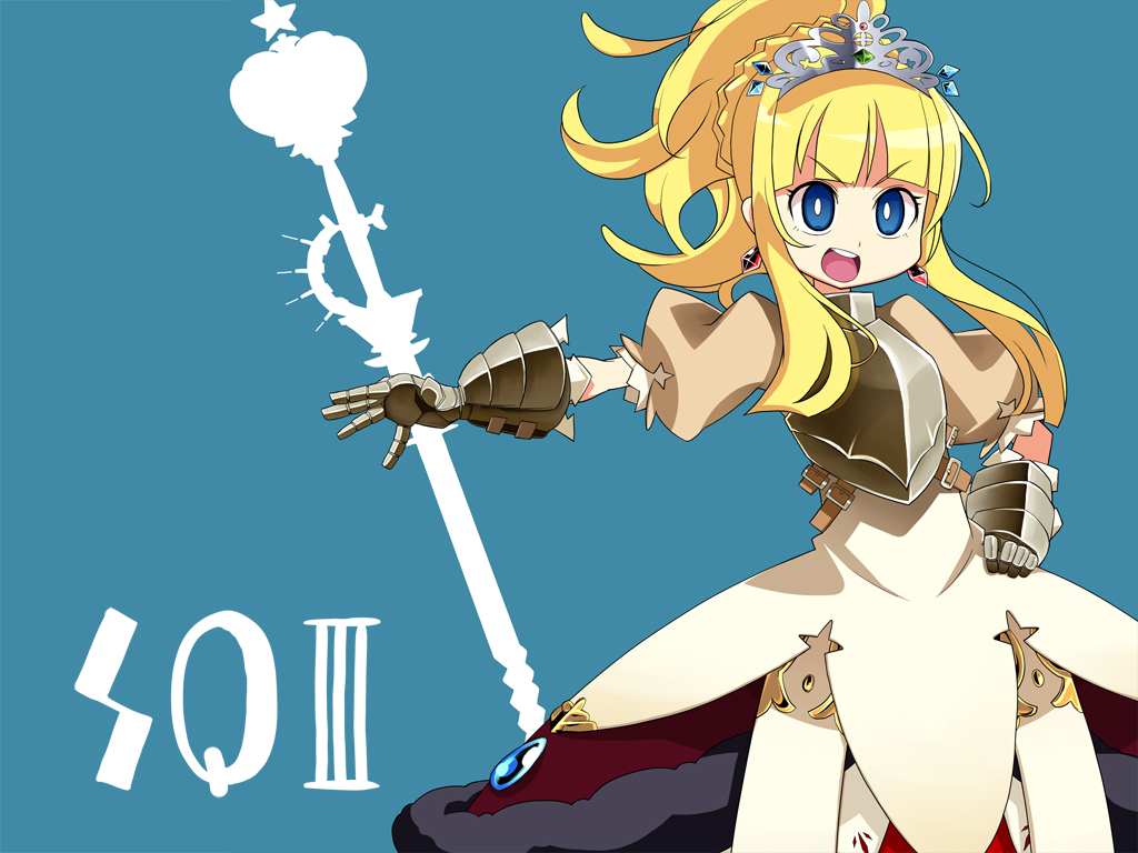 1girl, armor, armored_dress, atlus, blonde_hair, blue_background, blue_eyes, dress