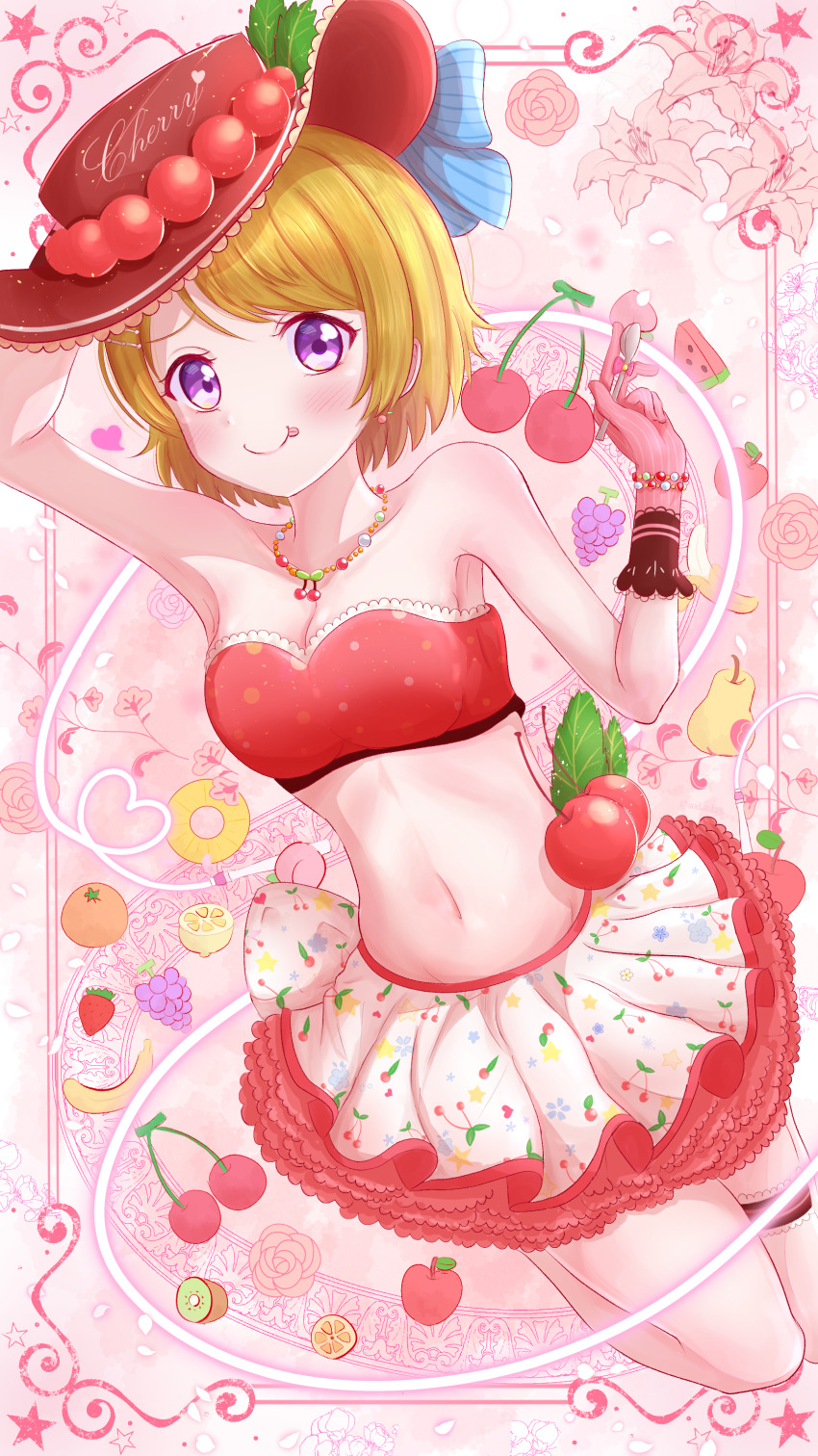 1girl, :p, absurdres, apple, aqua_bow, artist_name, artist_request, banana