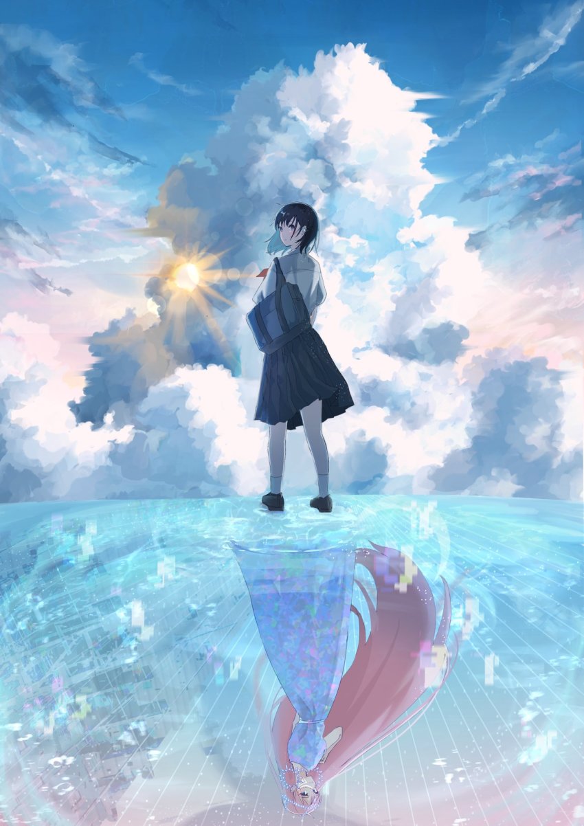 2girls, absurdly_long_hair, belle_(ryuu_to_sobakasu_no_hime), black_hair, cloud, dress, highres, long_hair