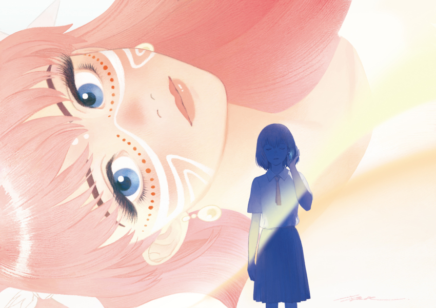 2girls, belle_(ryuu_to_sobakasu_no_hime), blue_eyes, close-up, cowboy_shot, earrings, eyebrows_hidden_by_hair, facial_mark