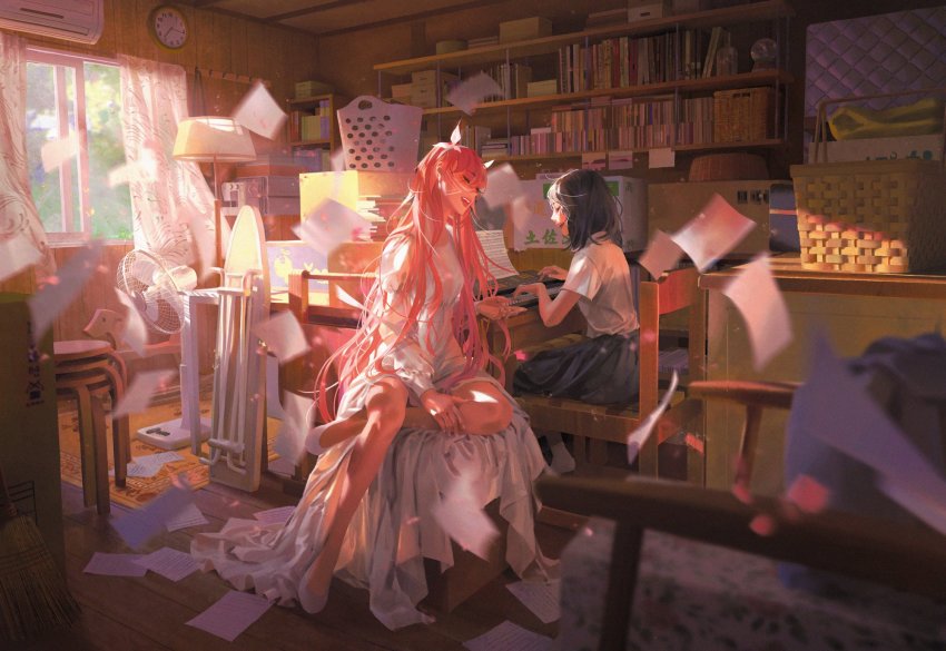 2girls, belle_(ryuu_to_sobakasu_no_hime), black_hair, chair, chenalii, curtains, dress, electric_fan