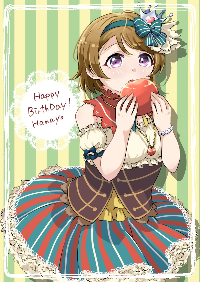 1girl, apple, apple_necklace, artist_name, artist_request, bare_shoulders, blush, bow