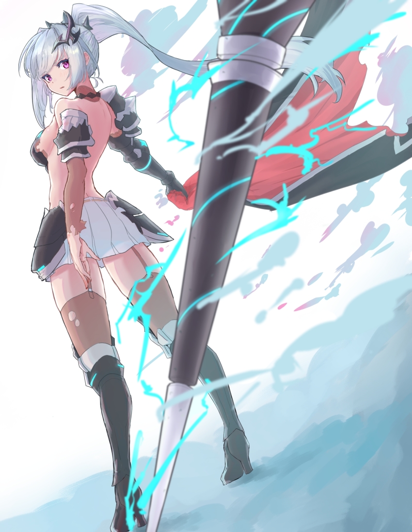 1girl, armor, back, bare_back, boots, breasts, dutch_angle, epic_seven, full_body, garter_straps, gauntlets, high_heel_boots, high_heels, highres, hip_armor, huge_weapon, lance, large_breasts, long_hair, looking_at_viewer, looking_back, miniskirt, polearm, ponytail, purple_eyes, revealing_clothes, riroi, senya_(epic_seven), shoulder_armor, sideboob, skirt, thighhighs, very_long_hair, weapon, white_hair, white_skirt