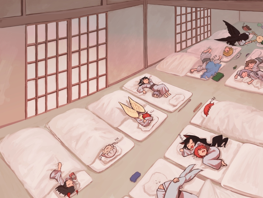 6+girls, absurdres, anger_vein, antlers, barefoot, bird_wings, black_wings, blonde_hair