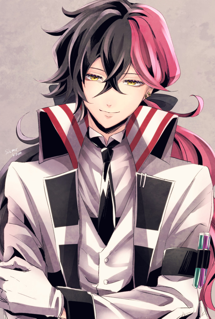 1boy, akuma_shitsuji_to_kuroi_neko, black_hair, bow, earrings, formal_clothes, jewelry, long_sleeves