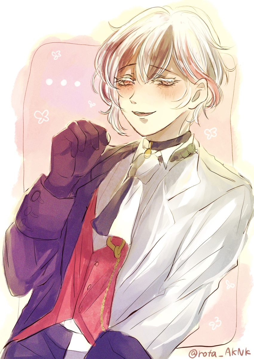 1boy, absurdres, akuma_shitsuji_to_kuroi_neko, berrien_cliane, black_hair, choker, gloves, highres, long_sleeves, looking_at_viewer, multicolored_hair, necktie, pale_skin, pink_eyes, pink_hair, rota_aknk, solo, white_hair