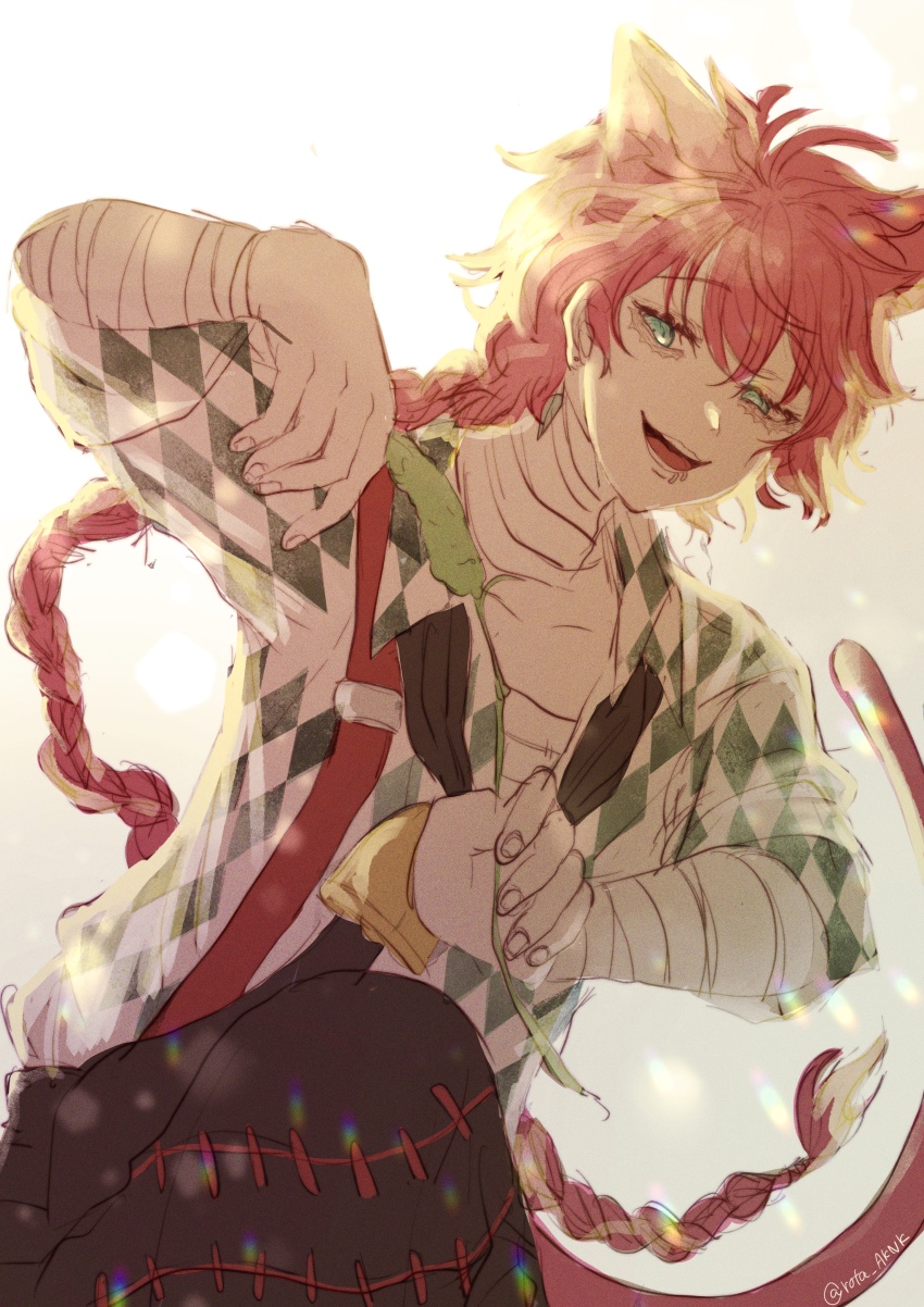 1boy, absurdres, akuma_shitsuji_to_kuroi_neko, androgynous, animal_ears, bandages, blue_eyes, braid