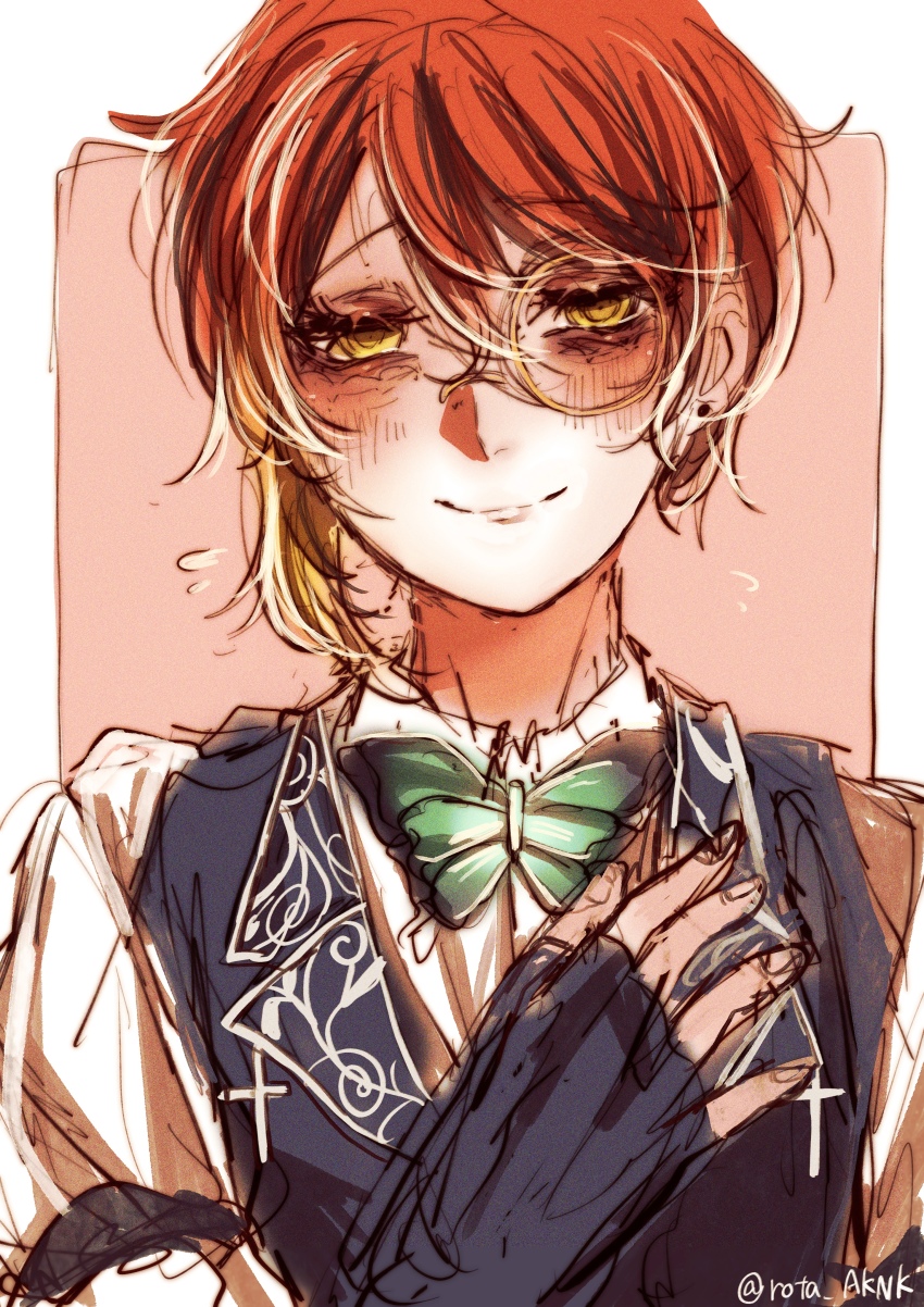 1boy, absurdres, akuma_shitsuji_to_kuroi_neko, blush, fennesz_oswald, fingerless_gloves, gloves, highres, long_sleeves, looking_at_viewer, monocle, multicolored_hair, necktie, orange_hair, pale_skin, red_hair, rota_aknk