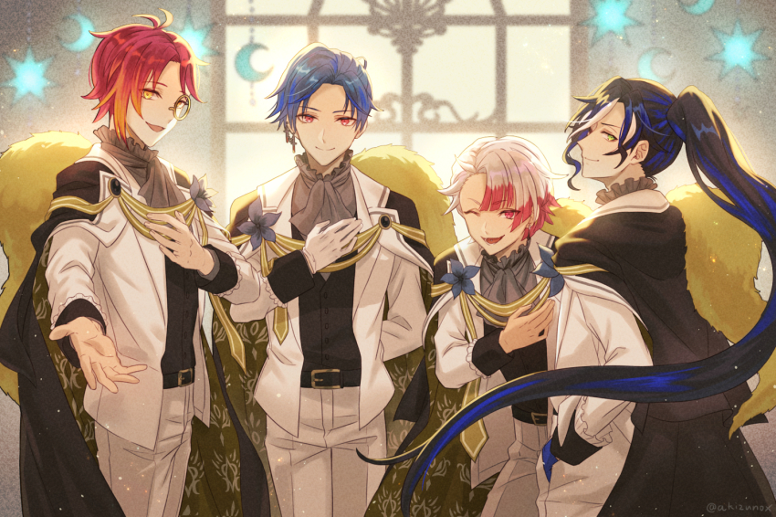 4boys, akizuno, akuma_shitsuji_to_kuroi_neko, ammon_lead, black_hair, blue_hair, boschi_arenas, colored_tips, fennesz_oswald, formal_clothes, gloves, haures_clifford, long_hair, long_sleeves, looking_at_viewer, monocle, multicolored_hair, multiple_boys, one_eye_closed, pale_skin, pink_eyes, pink_hair, ponytail, red_eyes, red_hair, white_hair, yellow_eyes