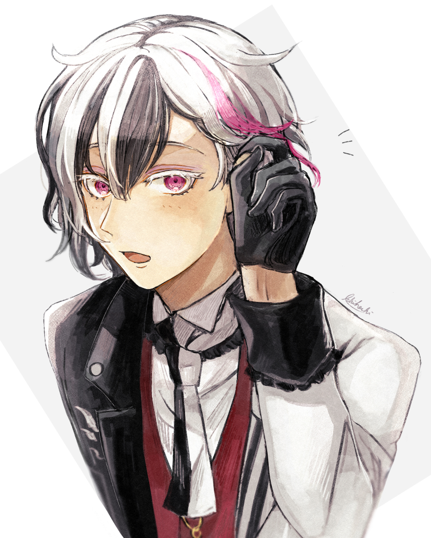 1boy, absurdres, akuma_shitsuji_to_kuroi_neko, berrien_cliane, black_hair, blush, formal_clothes, gloves, highres, leaning_forward, long_sleeves, looking_at_viewer, multicolored_hair, pale_skin, pink_eyes, pink_hair, sindo_pink, white_hair