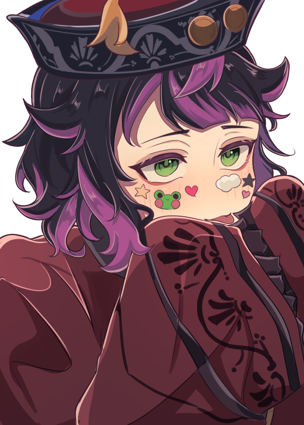 1boy, akuma_shitsuji_to_kuroi_neko, black_hair, blush, chabe_su, green_eyes, hat, head_rest