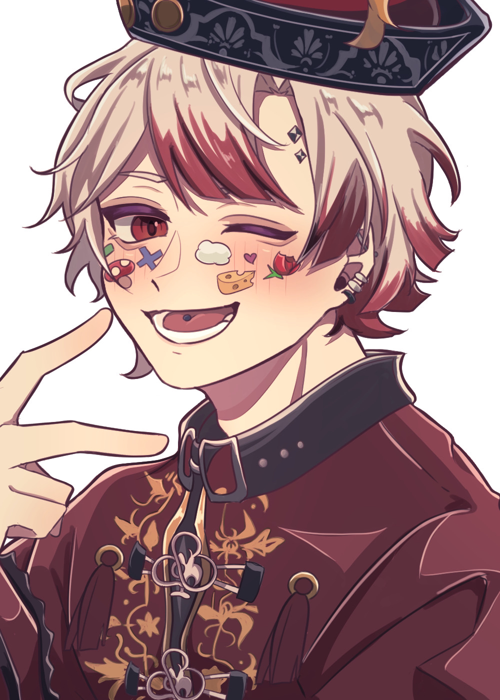 1boy, akuma_shitsuji_to_kuroi_neko, ammon_lead, blush, chabe_su, collared_shirt, hat, highres, long_sleeves, multicolored_hair, one_eye_closed, pale_skin, red_eyes, red_hair, shirt, sticker, sticker_on_face, v, white_hair