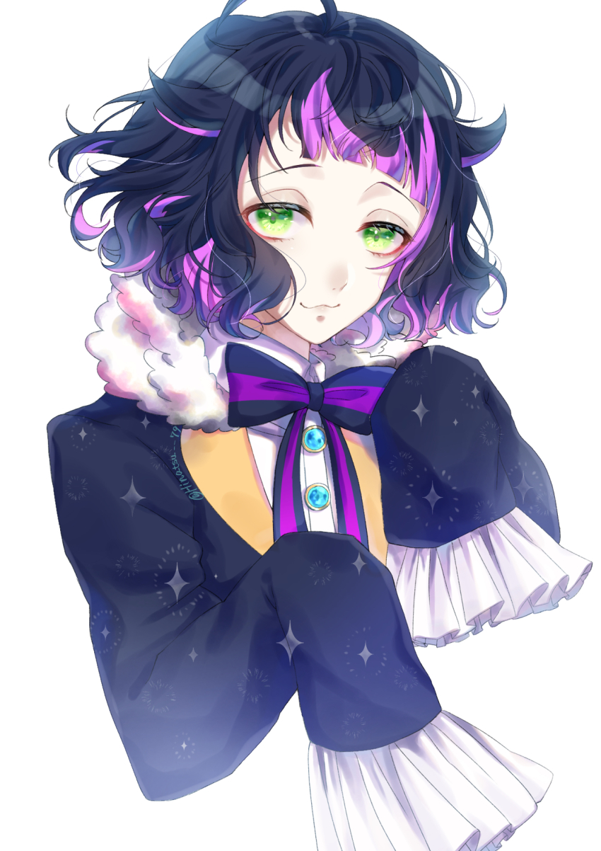 1boy, :3, akuma_shitsuji_to_kuroi_neko, androgynous, black_hair, bow, green_eyes, highres