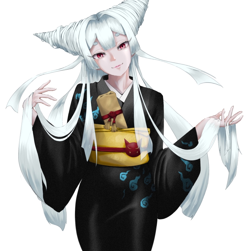 1girl, ayashimon, black_kimono, drill_hair, flame_print, highres, japanese_clothes, ka2illust