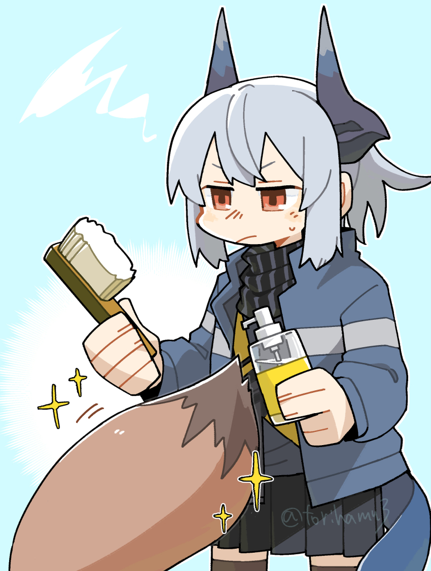 arknights, black_shirt, black_skirt, blue_background, blue_jacket, blush_stickers, bottle, brown_legwear