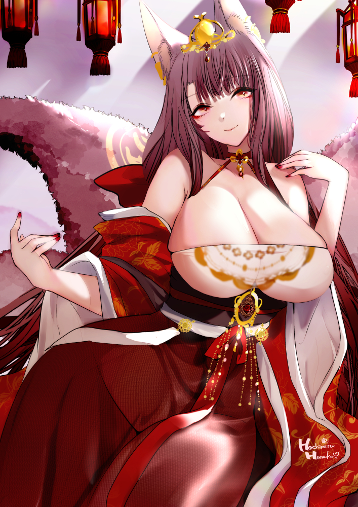 1girl, akagi_(azur_lane), akagi_(dawn_phoenix's_summons)_(azur_lane), animal_ears, azur_lane, bare_shoulders, breasts, brown_hair