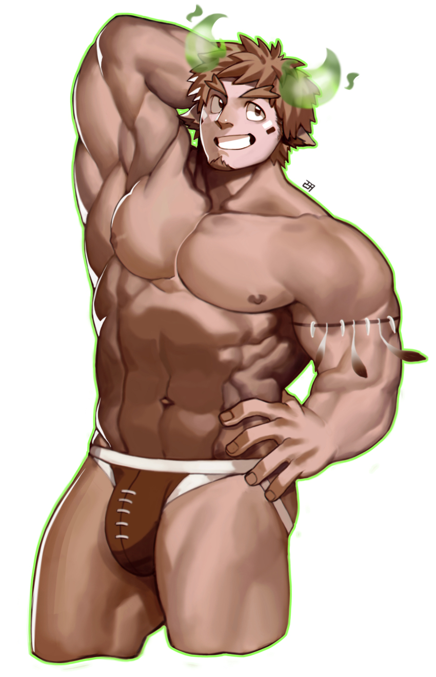 1boy, :d, abs, absurdres, animal_ears, armpits, bara, brown_eyes