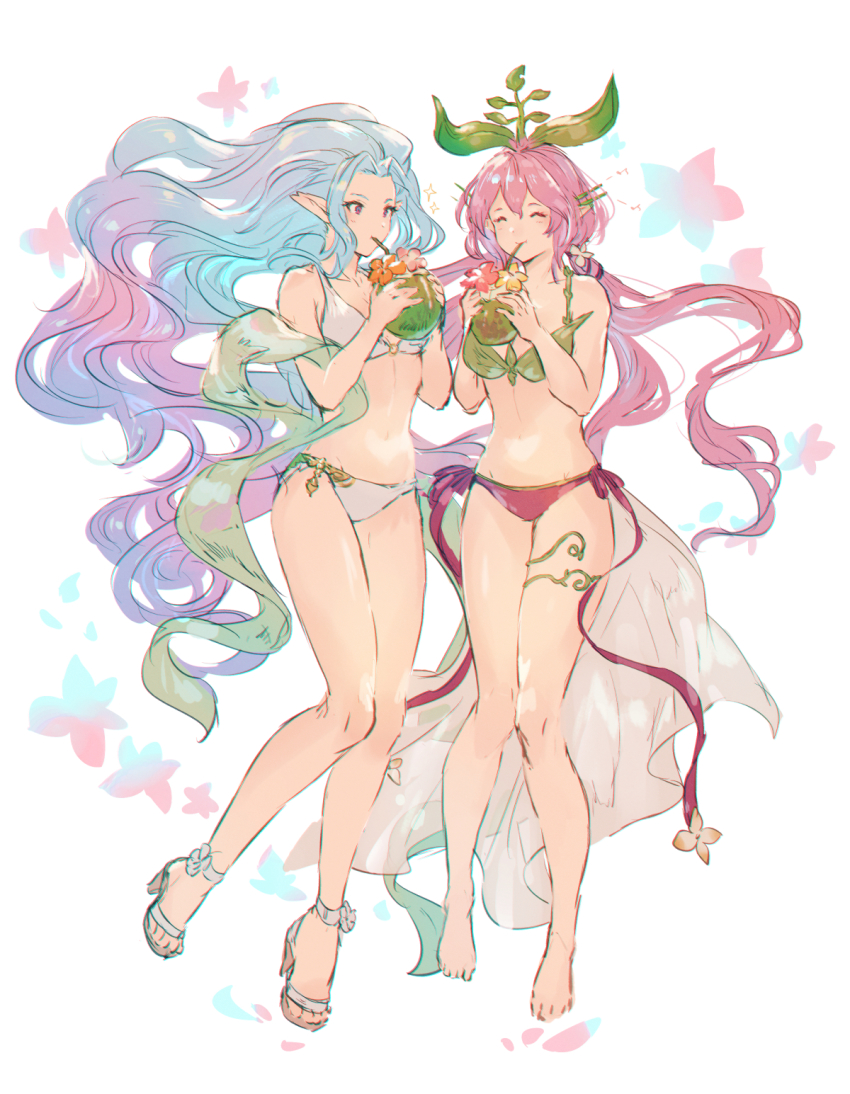 2girls, ^_^, bare_arms, bare_legs, barefoot, bikini, blue_hair, breasts