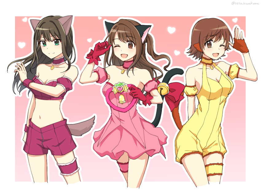3girls, ;d, animal_ears, arm_strap, bare_legs, bell, border, bow