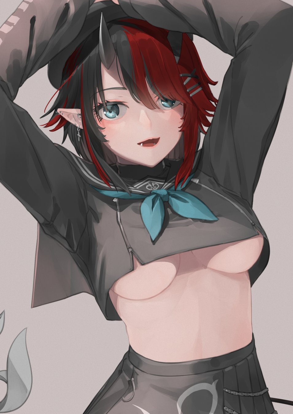 1girl, arms_up, atsushima, beret, black_hair, black_hat, black_serafuku, black_skirt, blue_eyes, blush, breasts, commentary_request, cowboy_shot, crop_top, cross, cross_earrings, demon_girl, demon_horns, demon_tail, ear_piercing, earrings, grey_background, hair_between_eyes, hair_ornament, hat, highres, horns, jewelry, large_breasts, looking_at_viewer, midriff, multicolored_hair, nanashi_inc., official_alternate_costume, open_mouth, piercing, pointy_ears, red_hair, ryugasaki_rene, ryugasaki_rene_(3rd_costume), school_uniform, serafuku, short_hair, simple_background, skirt, smile, solo, tail, two-tone_hair, underboob, virtual_youtuber, x_hair_ornament