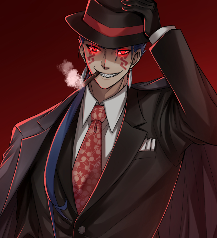 1boy, black_gloves, black_hat, black_suit, blue_hair, cigar, cu_chulainn_(fate), cu_chulainn_alter_(fate)
