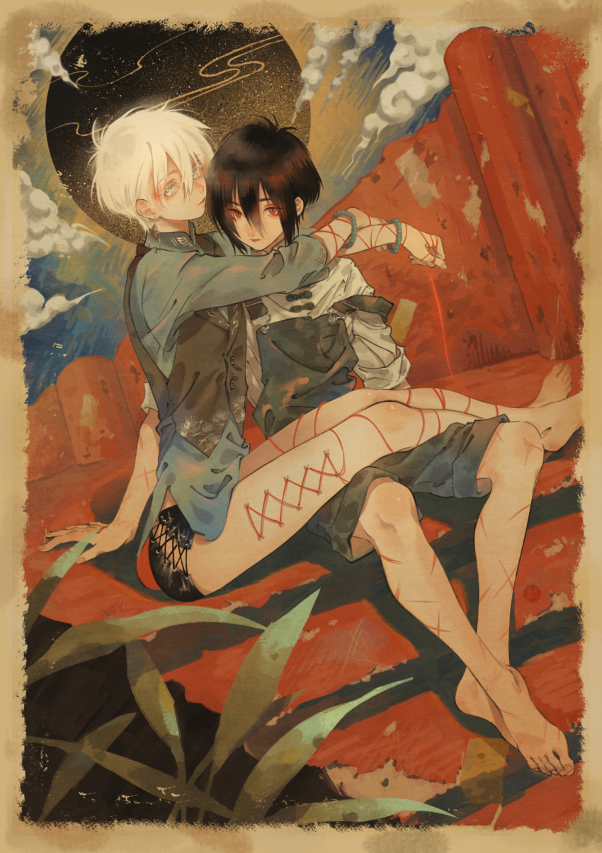 2boys, arms_around_neck, barefoot, bead_bracelet, beads, black_hair, black_shorts, black_vest