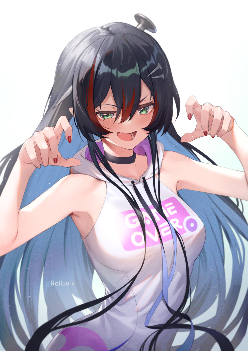 1girl, alternate_costume, artist_name, black_choker, black_hair, breasts, choker, commentary