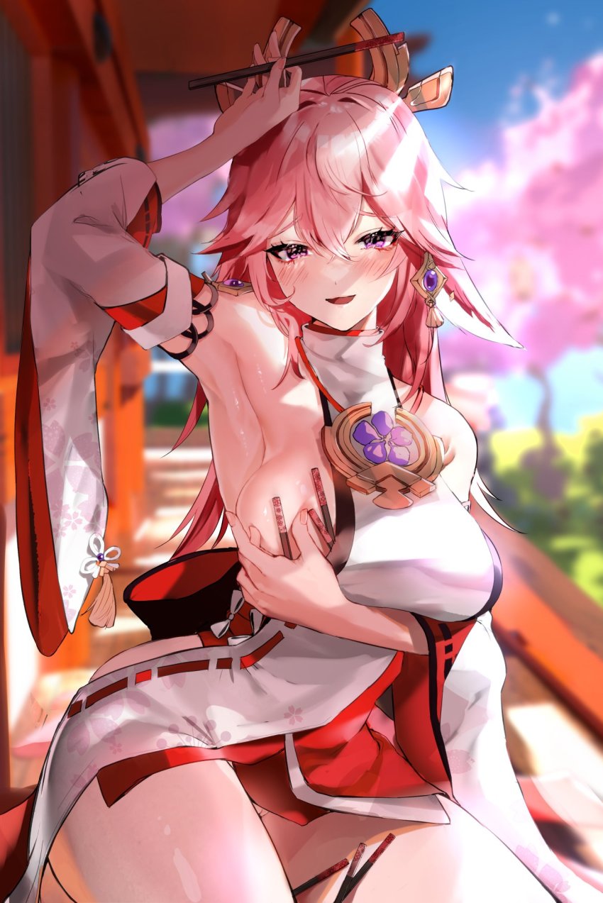 1girl, animal_ears, arm_under_breasts, arm_up, blurry, blurry_background, blush, breasts, cherry_blossoms, chopsticks, day, detached_sleeves, earrings, floral_print, genshin_impact, hair_between_eyes, highres, holding, hominamia, japanese_clothes, jewelry, large_breasts, long_hair, looking_at_viewer, miko, outdoors, parted_lips, pink_eyes, pink_hair, revision, sideboob, solo, swea, tassel, thighs, tree, wide_sleeves, yae_miko