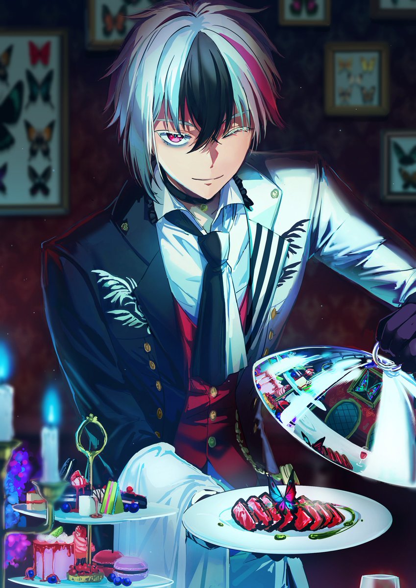 1boy, akuma_shitsuji_to_kuroi_neko, berrien_cliane, black_hair, blurry, bug, butler, butterfly, candlestand, colored_eyelashes, dangmill, depth_of_field, formal_clothes, gloves, hair_between_eyes, highres, insect, looking_at_viewer, multicolored_hair, one_eye_closed, pale_skin, pink_eyes, pink_hair, plate, serving_dome, solo, vest, waistcoat, white_hair
