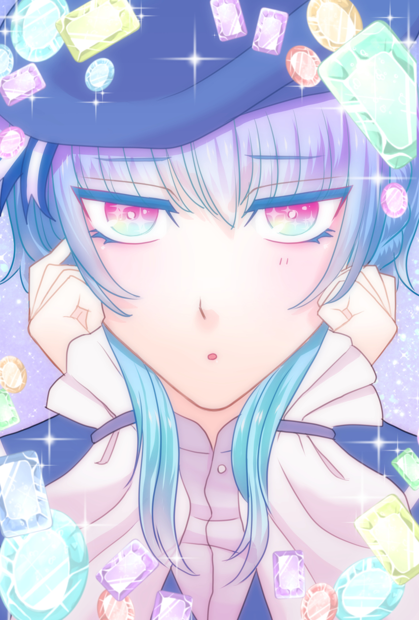 1boy, :o, absurdres, akirakamiwo, akuma_shitsuji_to_kuroi_neko, androgynous, bishounen, blue_eyes, blue_hair, blush, facing_viewer, flure_garcia, gem, head_rest, highres, long_sleeves, looking_at_viewer, male_focus, multicolored_eyes, pale_skin, pink_eyes, sparkle, sparkle_background