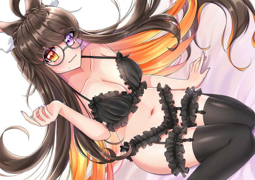 1girl, animal_ears, black_bra, black_panties, black_thighhighs, bra, breasts, cat_ears