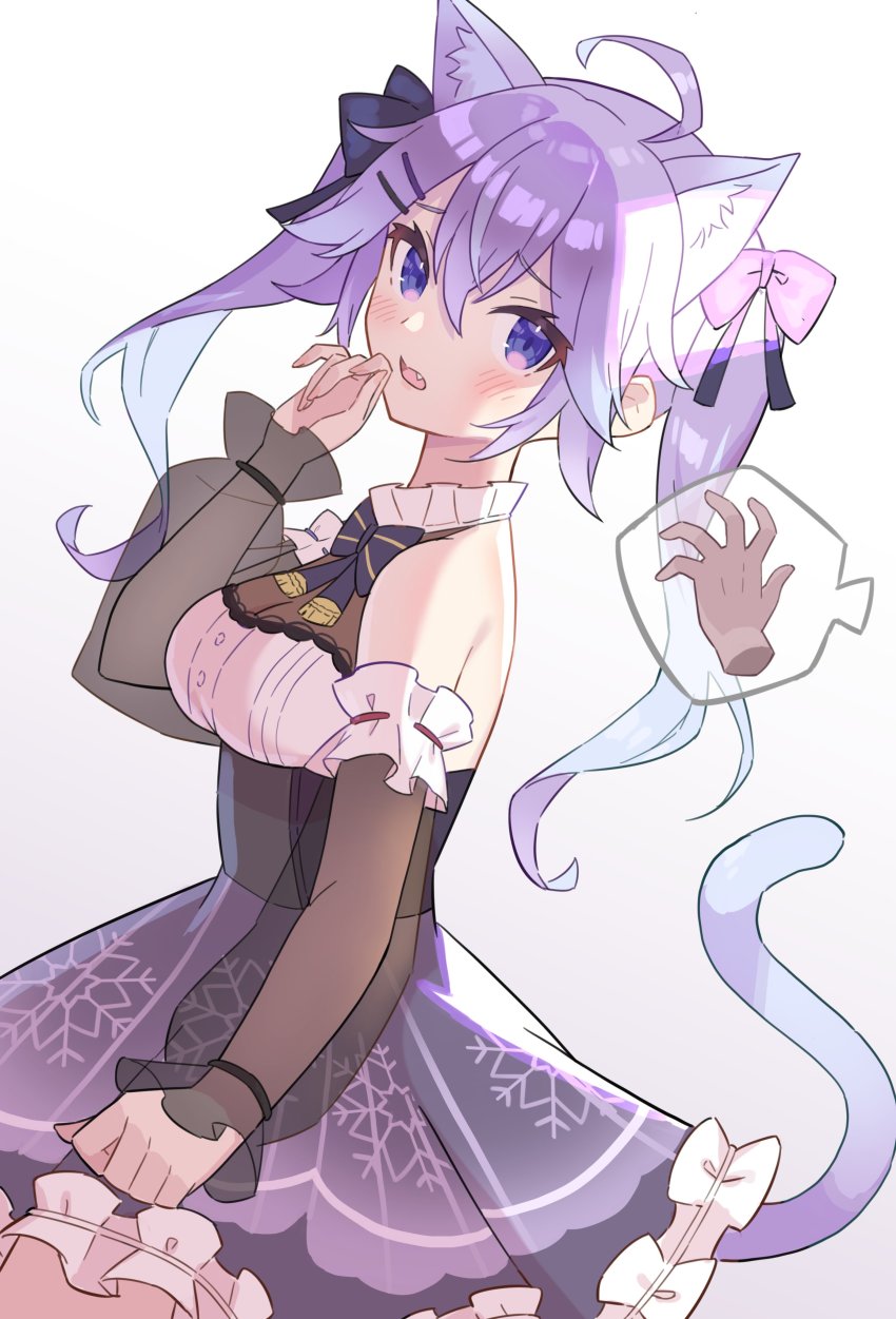 1girl, absurdres, ahoge, animal_ear_fluff, animal_ears, aotake_iro, black_bow, blue_eyes, blue_hair, bodice, bow, cat_ears, cat_girl, cat_tail, clenched_hand, colored_inner_hair, detached_sleeves, disembodied_hand, hair_bow, highres, kemonomimi_mode, looking_at_viewer, multicolored_hair, nijisanji, nijisanji_kr, nun_bora, nun_bora_(3rd_costume), open_hand, purple_bow, purple_hair, purple_skirt, skirt, solo_focus, tail, twintails, virtual_youtuber