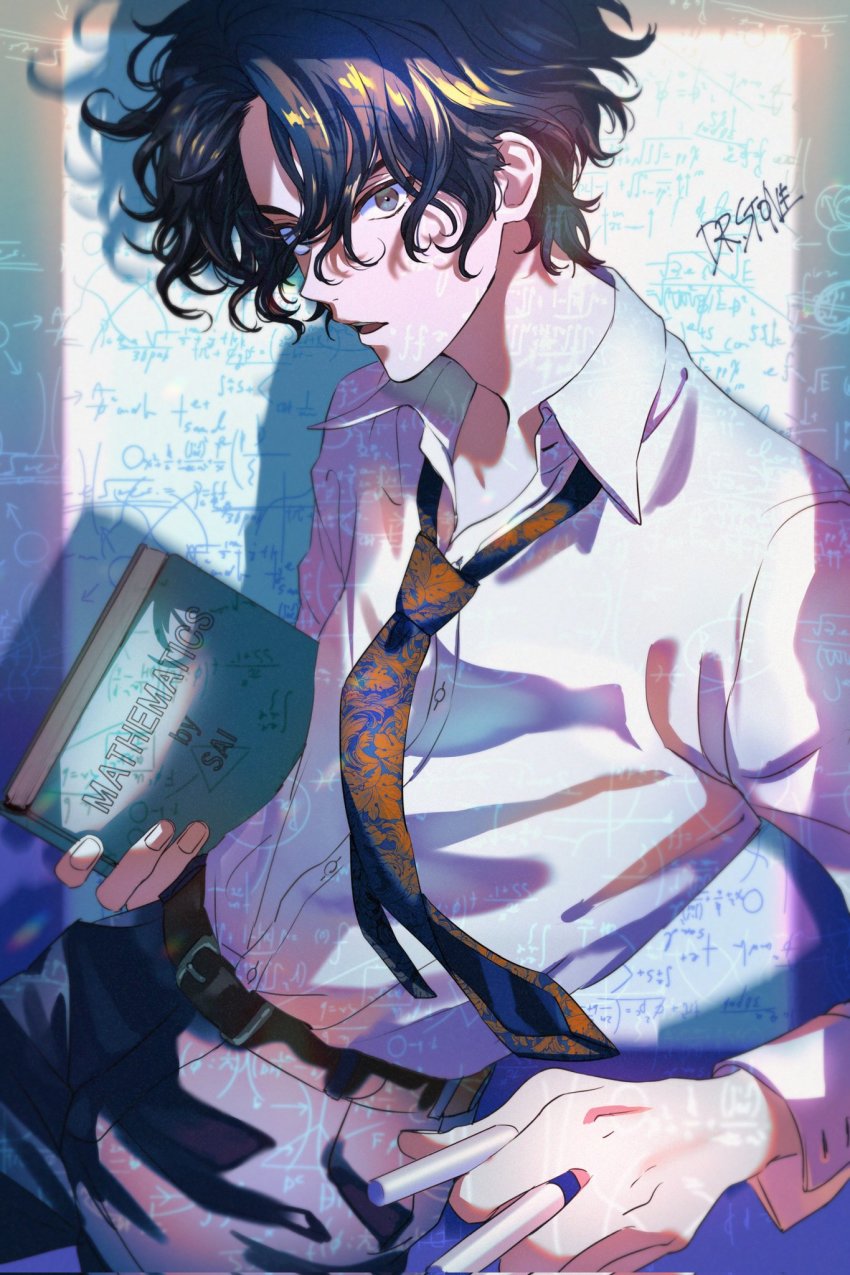 1boy, belt, bishounen, book, chalk, collared_shirt, dr._stone, suit_pants