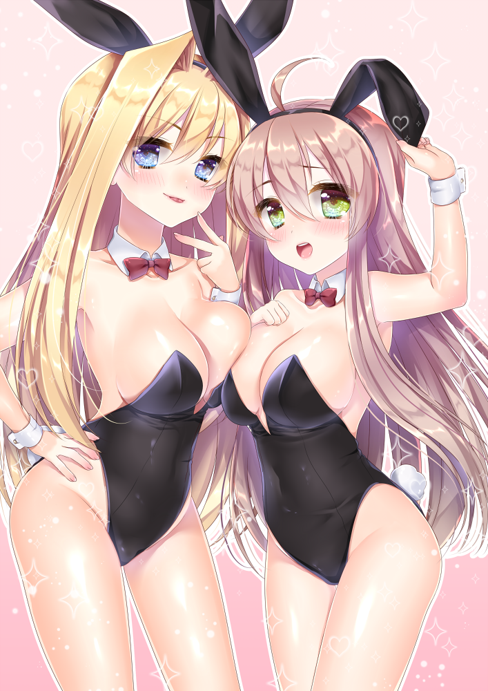 2girls, ahoge, animal_ears, asymmetrical_docking, black_leotard, blonde_hair, blue_eyes, blush