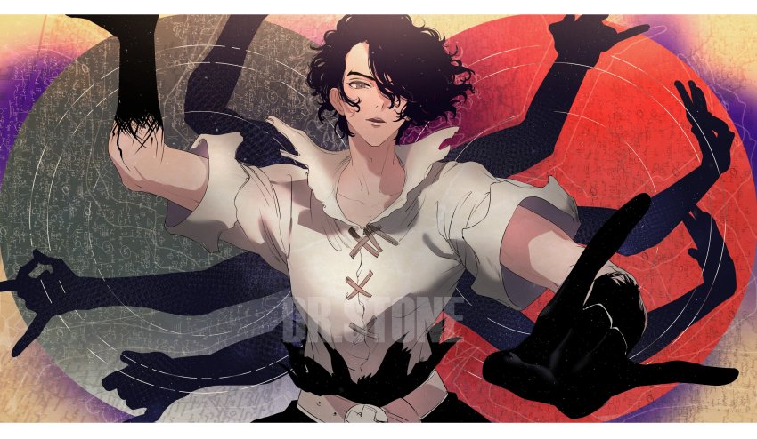 1boy, absurdres, belt, belt_buckle, bishounen, black_hair, blurry, brown_eyes