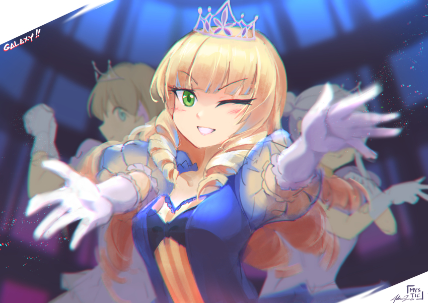 3girls, arashi_chisato, blue_dress, blue_eyes, blush, breasts, dress, drill_hair