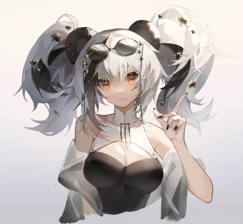 ambience_synesthesia, animal_ears, arknights, bare_shoulders, black_hair, black_nails, breasts, brown_eyes