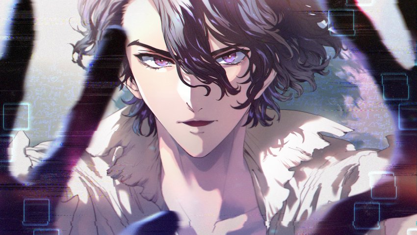 1boy, absurdres, bishounen, blurry, blurry_background, brown_eyes, brown_hair, close-up, dr._stone, eye_contact, film_grain, hair_between_eyes, hair_blowing, hands_up, highres, koujisako, long_bangs, looking_at_another, looking_at_viewer, male_focus, nanami_sai, open_mouth, parted_bangs, parted_lips, portrait, shirt, short_hair, solo, torn_clothes, torn_shirt, v-shaped_eyebrows, wavy_hair