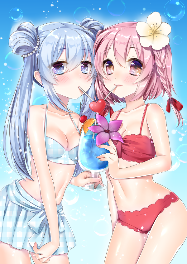 2girls, bikini, blue_bikini, blue_eyes, blue_hair, blush, breasts, brown_eyes