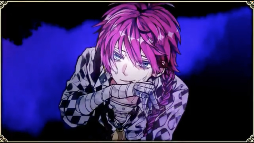 1boy, akuma_shitsuji_to_kuroi_neko, androgynous, bandages, bishounen, blue_eyes, braid, lato_bacca, long_hair, long_sleeves, official_art, pale_skin, pink_hair, solo, sweat, sweatdrop, very_long_hair, wiping_mouth