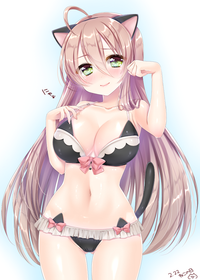 1girl, ahoge, animal_ears, black_bra, black_panties, blush, bra, breasts