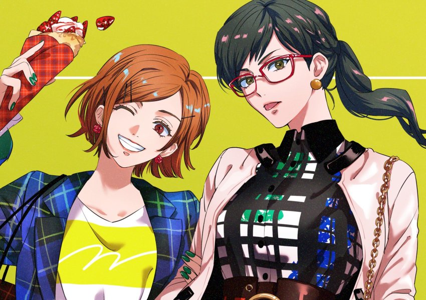 2girls, ;d, ankle_boots, bag, bangs_pinned_back, belt, bespectacled, black_hair