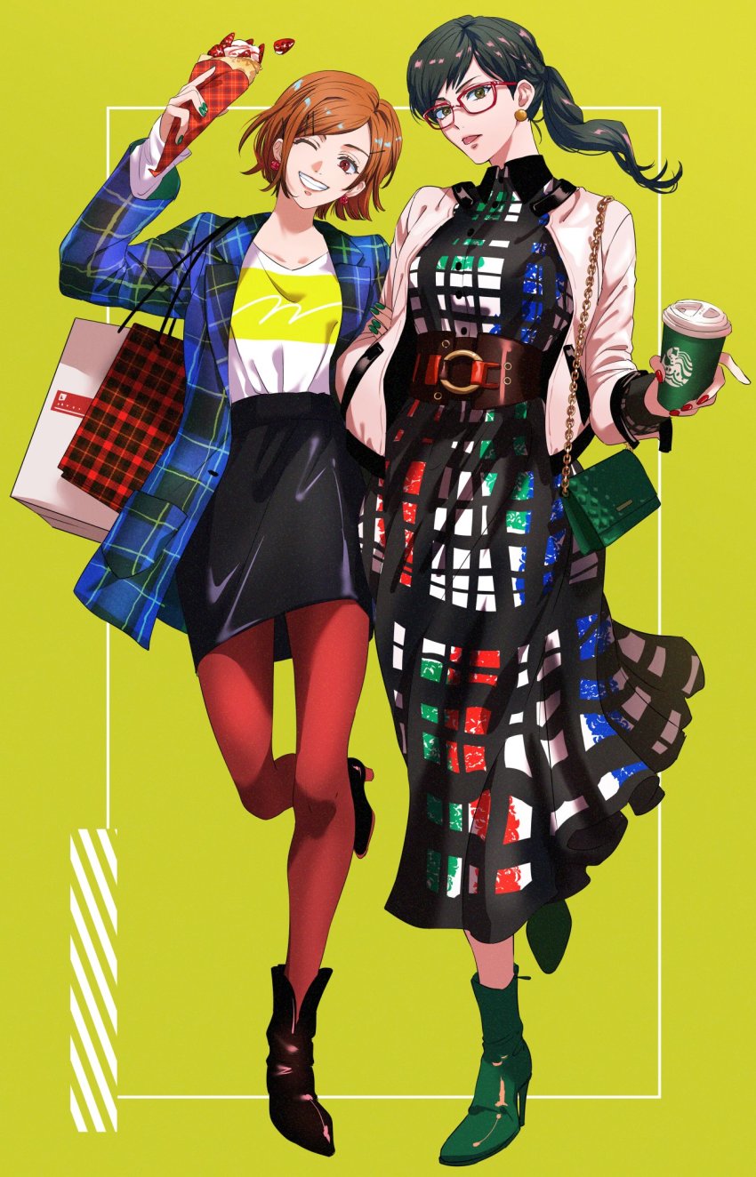 2girls, ;d, alternate_costume, ankle_boots, bag, bangs_pinned_back, belt, bespectacled, black_hair, blazer, boots, brown_eyes, brown_hair, cardigan, casual, closed_mouth, cup, dress, drink, earrings, flower_earrings, food, fruit, glasses, green_hair, green_nails, hand_in_pocket, handbag, high_heel_boots, high_heels, highres, holding, holding_another's_arm, holding_drink, holding_food, ice_cream, ice_cream_cone, jacket, jewelry, jujutsu_kaisen, koujisako, kugisaki_nobara, leather, leather_skirt, logo, logo_parody, long_hair, long_sleeves, looking_at_viewer, multiple_girls, nail_polish, o-ring, o-ring_belt, one_eye_closed, open_mouth, pantyhose, parted_bangs, parted_hair, ponytail, print_shirt, red_nails, shirt, shopping_bag, short_hair, simple_background, skirt, smile, strawberry, stud_earrings, swept_bangs, teeth, tongue, tongue_out, track_jacket, v-neck, wing_collar, yellow_background, zen'in_maki