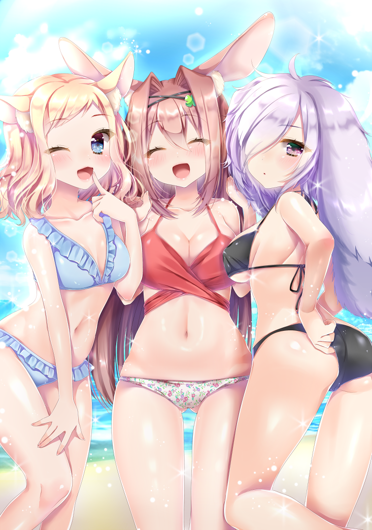 3girls, animal_ears, ass, beach, bikini, bikini_pull, black_bikini, blonde_hair, blue_bikini, blue_eyes, blush, breasts, brown_hair, cleavage, closed_mouth, clothes_pull, day, closed_eyes, facing_viewer, finger_to_mouth, floral_print, gluteal_fold, hair_intakes, hair_over_one_eye, haruse_meio, large_breasts, lips, looking_at_viewer, medium_breasts, multiple_girls, navel, one_eye_closed, open_mouth, original, outdoors, purple_eyes, purple_hair, rabbit_ears, rabbit_girl, red_bikini, short_hair, smile, swimsuit, wavy_hair