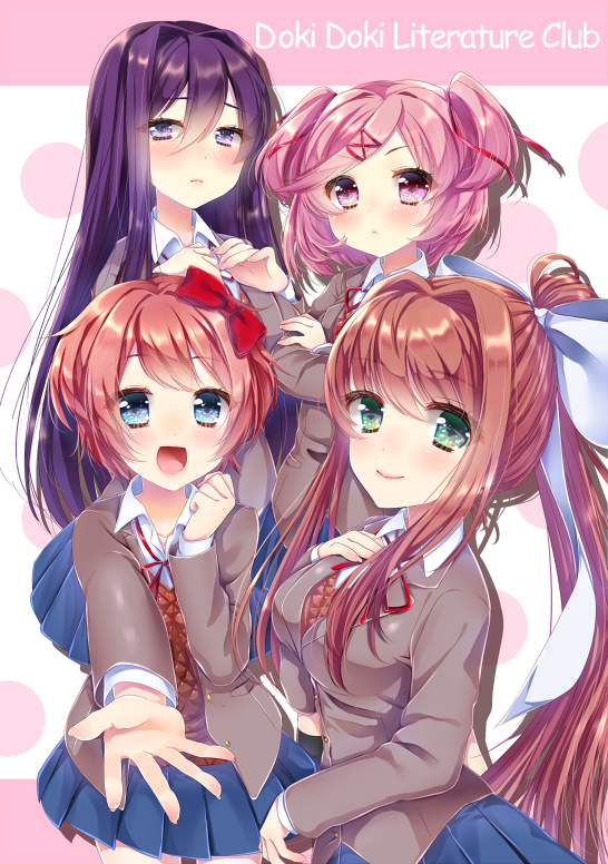 4girls, blue_eyes, blue_skirt, blush, bow, breasts, brown_hair, closed_mouth, doki_doki_literature_club, green_eyes, hair_bow, hair_ornament, haruse_meio, large_breasts, lips, long_hair, looking_at_viewer, monika_(doki_doki_literature_club), multiple_girls, natsuki_(doki_doki_literature_club), open_mouth, pink_eyes, pink_hair, pleated_skirt, ponytail, purple_eyes, purple_hair, red_bow, sayori_(doki_doki_literature_club), short_hair, skirt, smile, solo, white_bow, x_hair_ornament, yuri_(doki_doki_literature_club)